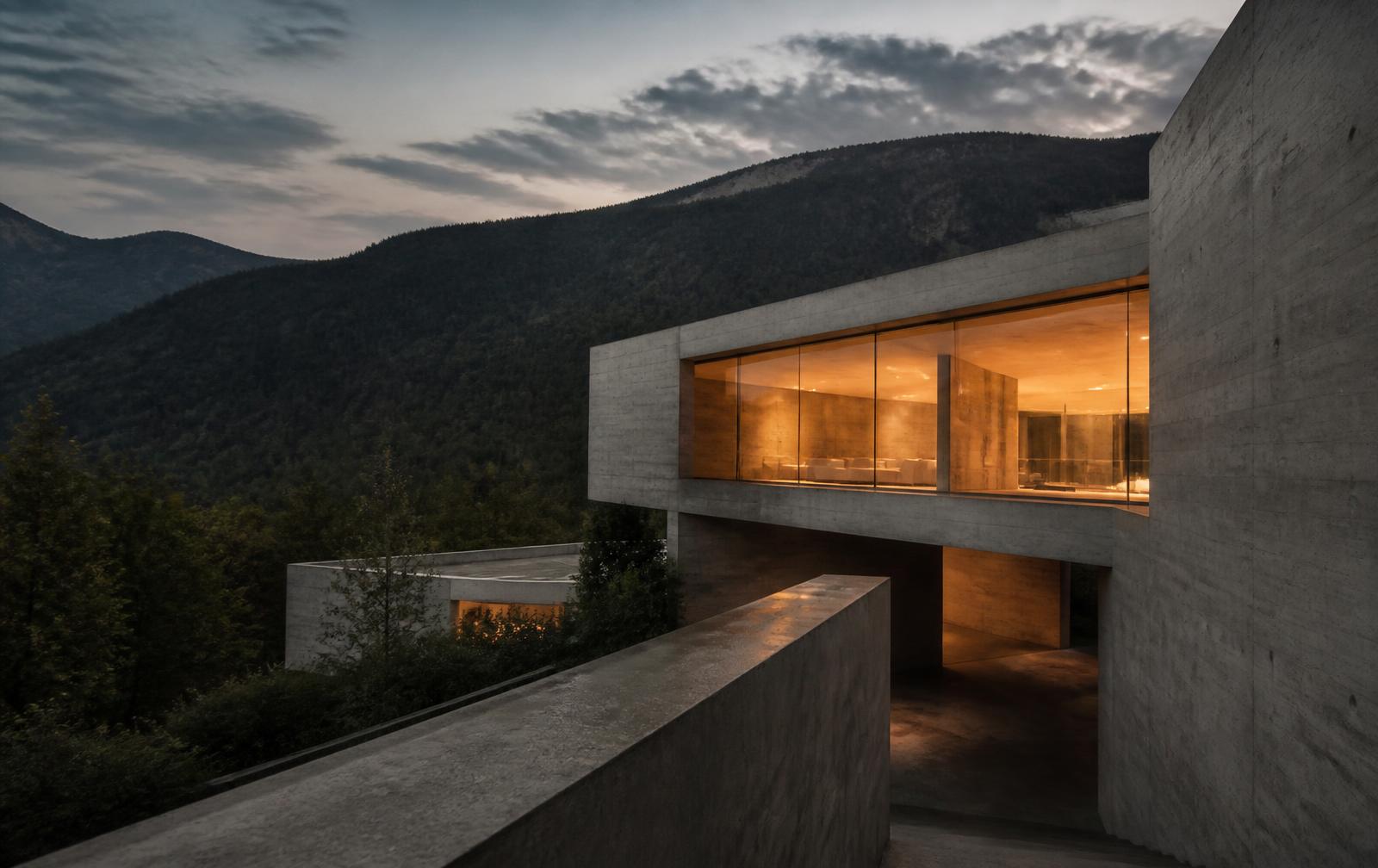 Illuminated concrete architecture set into a dark forested hillside at dusk