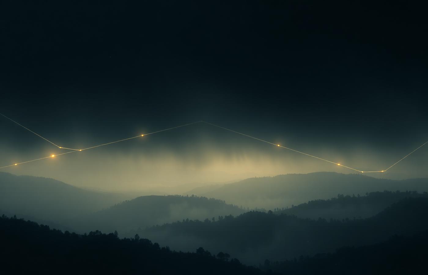 Faint illuminated lines connecting points above a misty valley