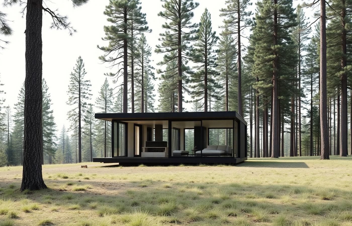 A small modern glass and dark wood structure in a forest clearing