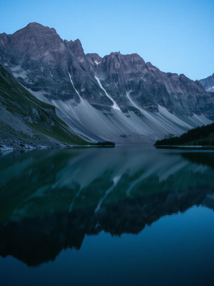 Alpine lake reflecting granite peaks at blue hour
