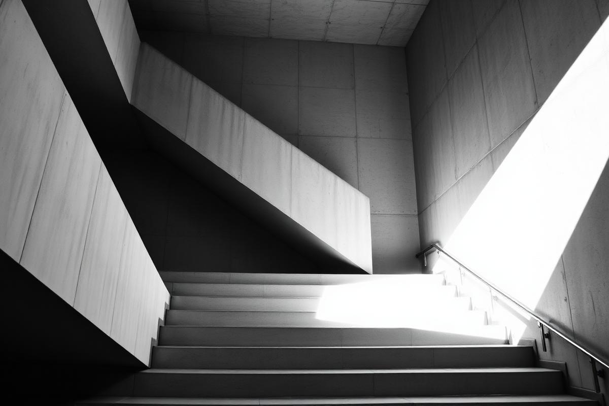 Black and white study of concrete stairs and diagonal light