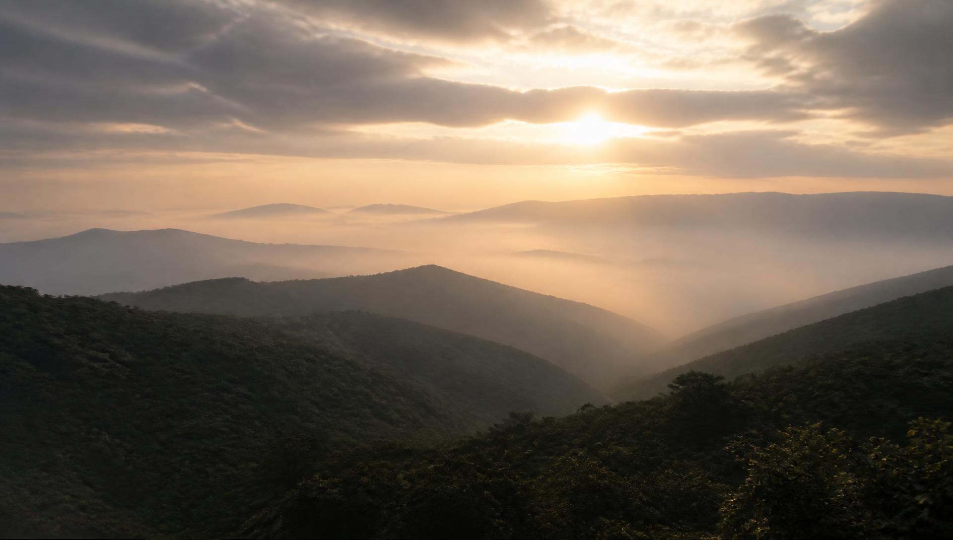 Sunrise breaking over layered misty ridges